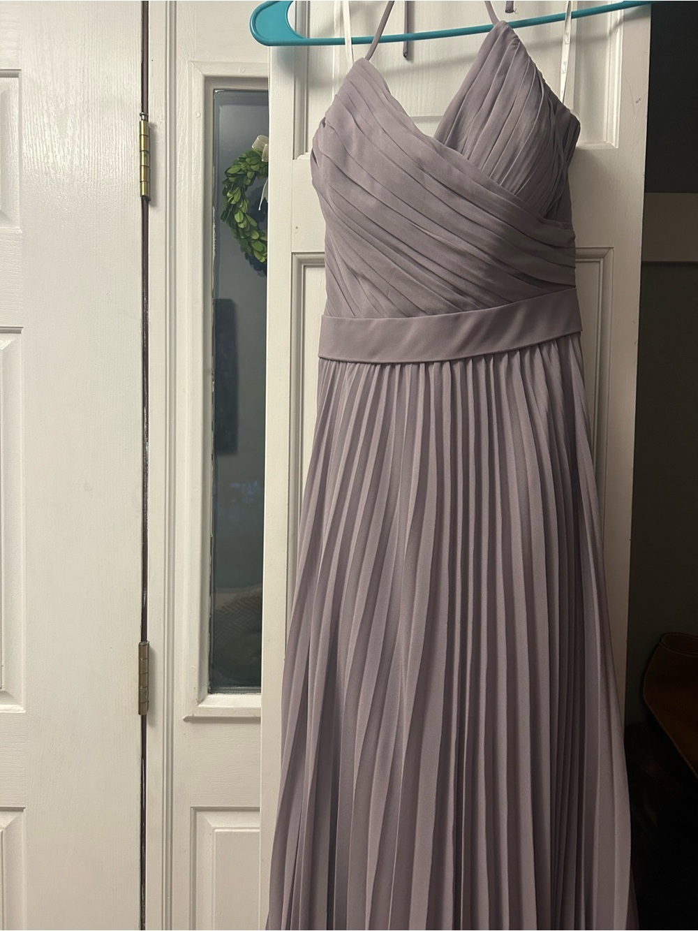 Camille La Vie Lilac Gray Spaghetti-Strap Pleated Chiffon Gown